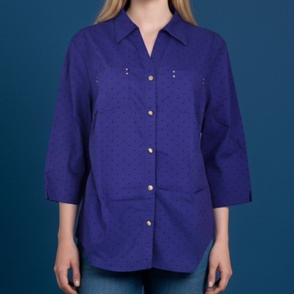 3/$30 Cathy Royal Blue Black Pin Polka Dot Button Down Blouse